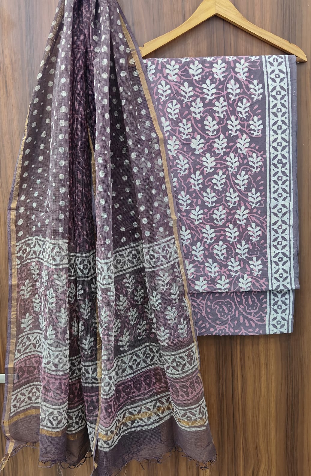 Pure Cotton Hand block print Unstitched Suit with Kota Dupatta