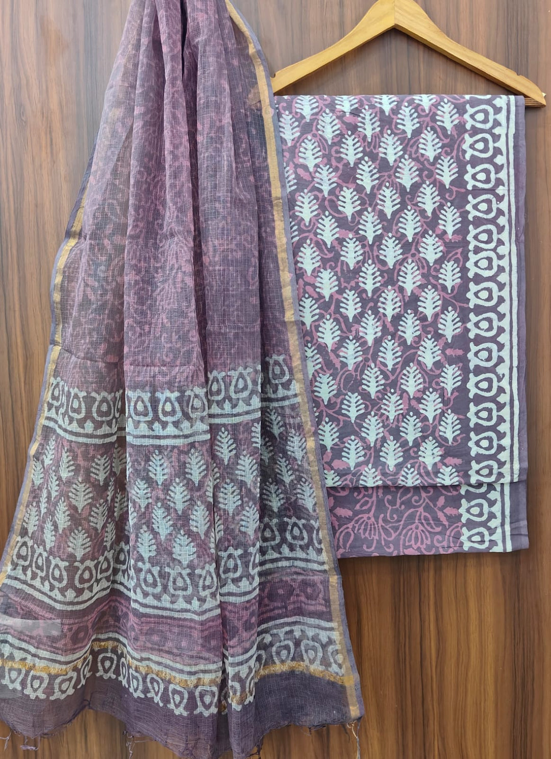Pure Cotton Hand block print Unstitched Suit with Kota Dupatta