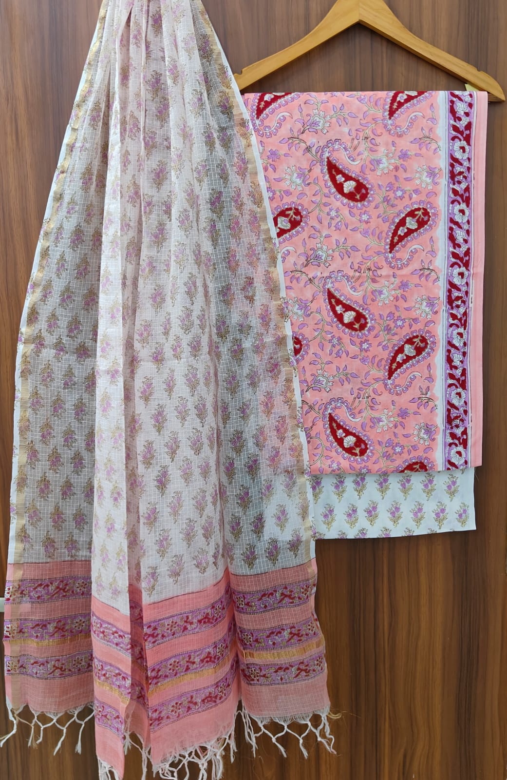 Pure Cotton Hand block print Unstitched Suit with Kota Dupatta