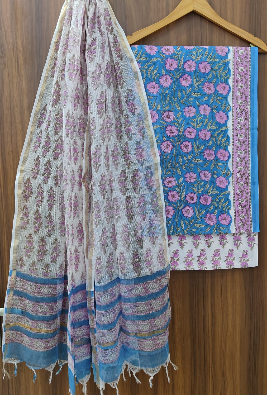 Pure Cotton Hand block print Unstitched Suit with Kota Dupatta