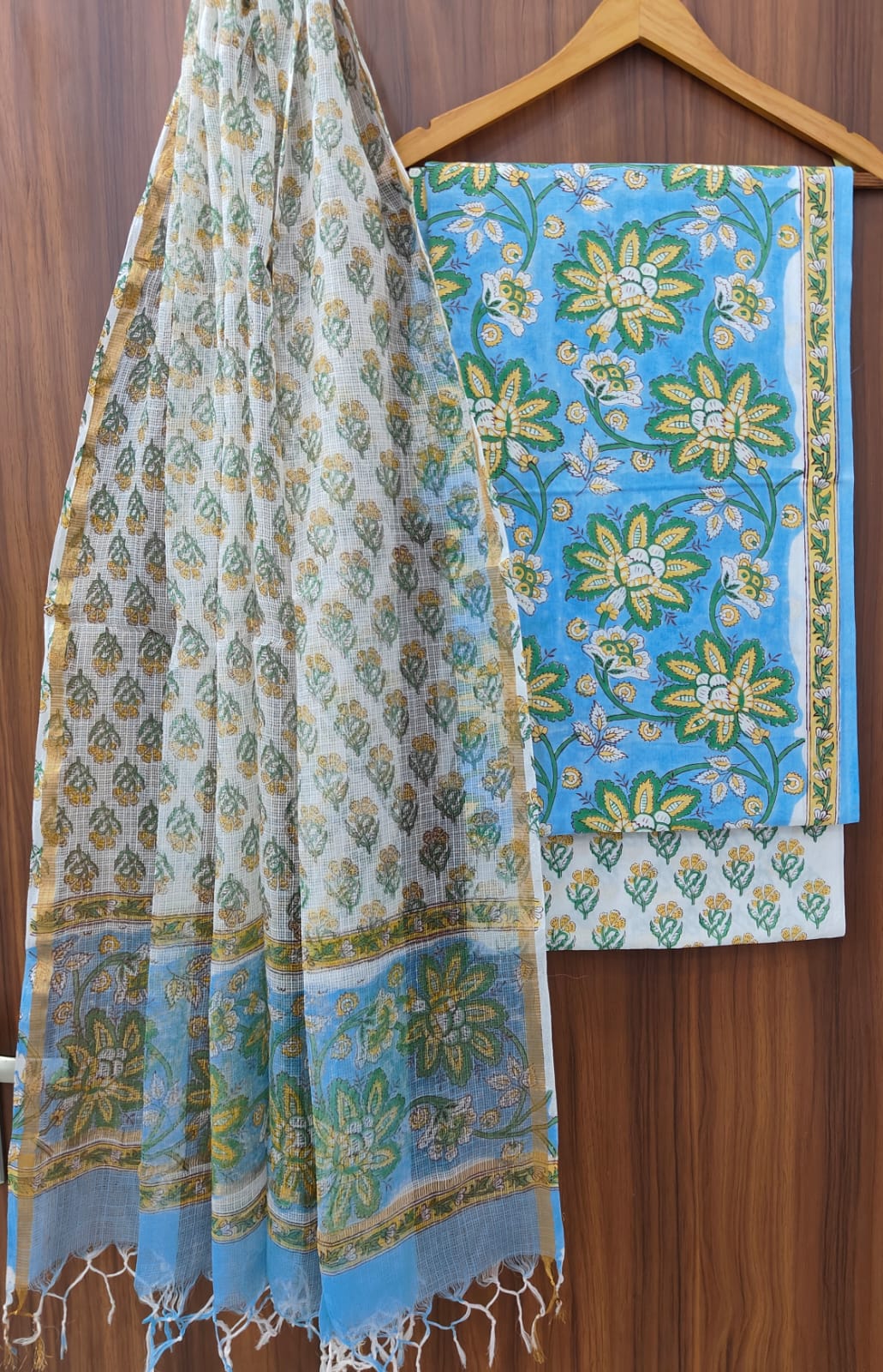 Pure Cotton Hand block print Unstitched Suit with Kota Dupatta