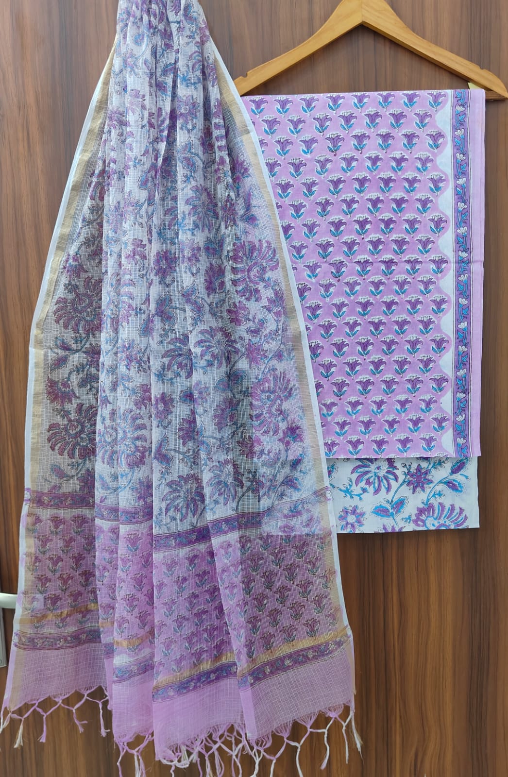 Pure Cotton Hand block print Unstitched Suit with Kota Dupatta