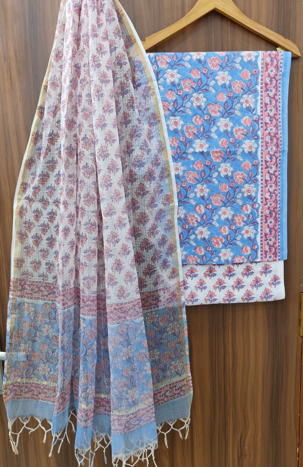 Pure Cotton Hand block print Unstitched Suit with Kota Dupatta