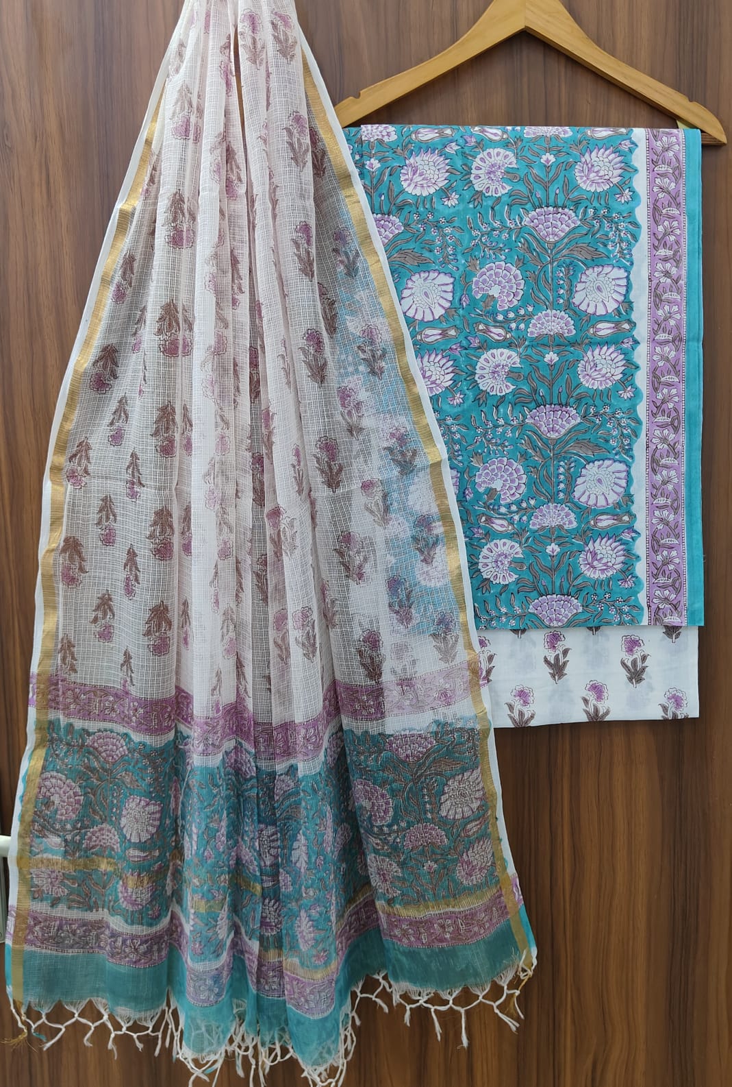 Pure Cotton Hand block print Unstitched Suit with Kota Dupatta