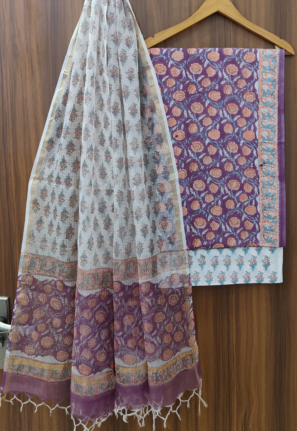 Pure Cotton Hand block print Unstitched Suit with Kota Dupatta