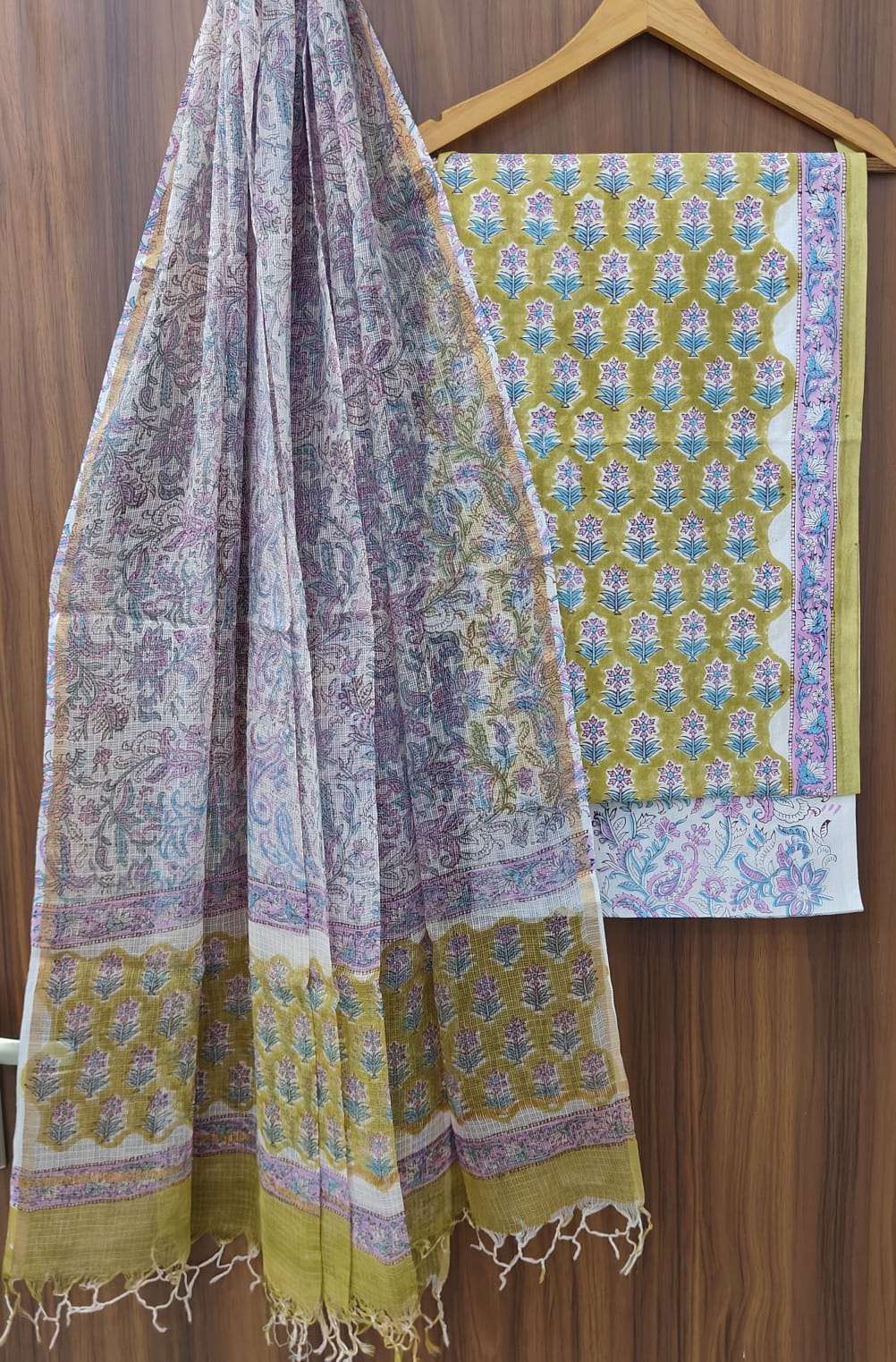 Pure Cotton Hand block print Unstitched Suit with Kota Dupatta
