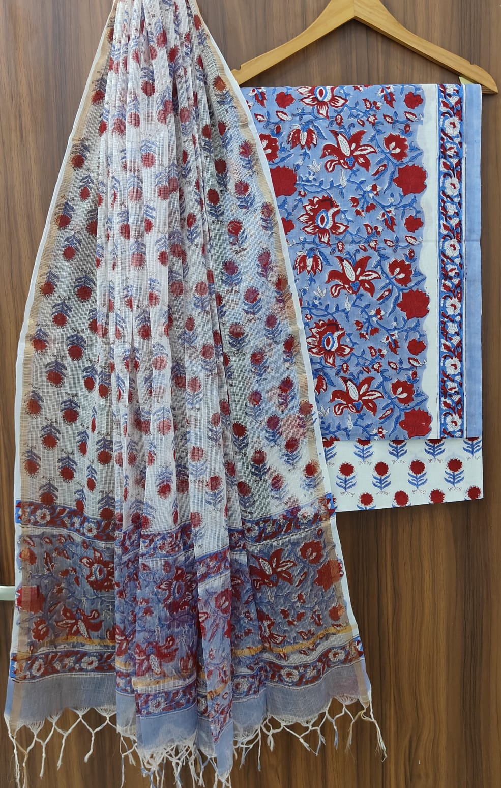 Pure Cotton Hand block print Unstitched Suit with Kota Dupatta