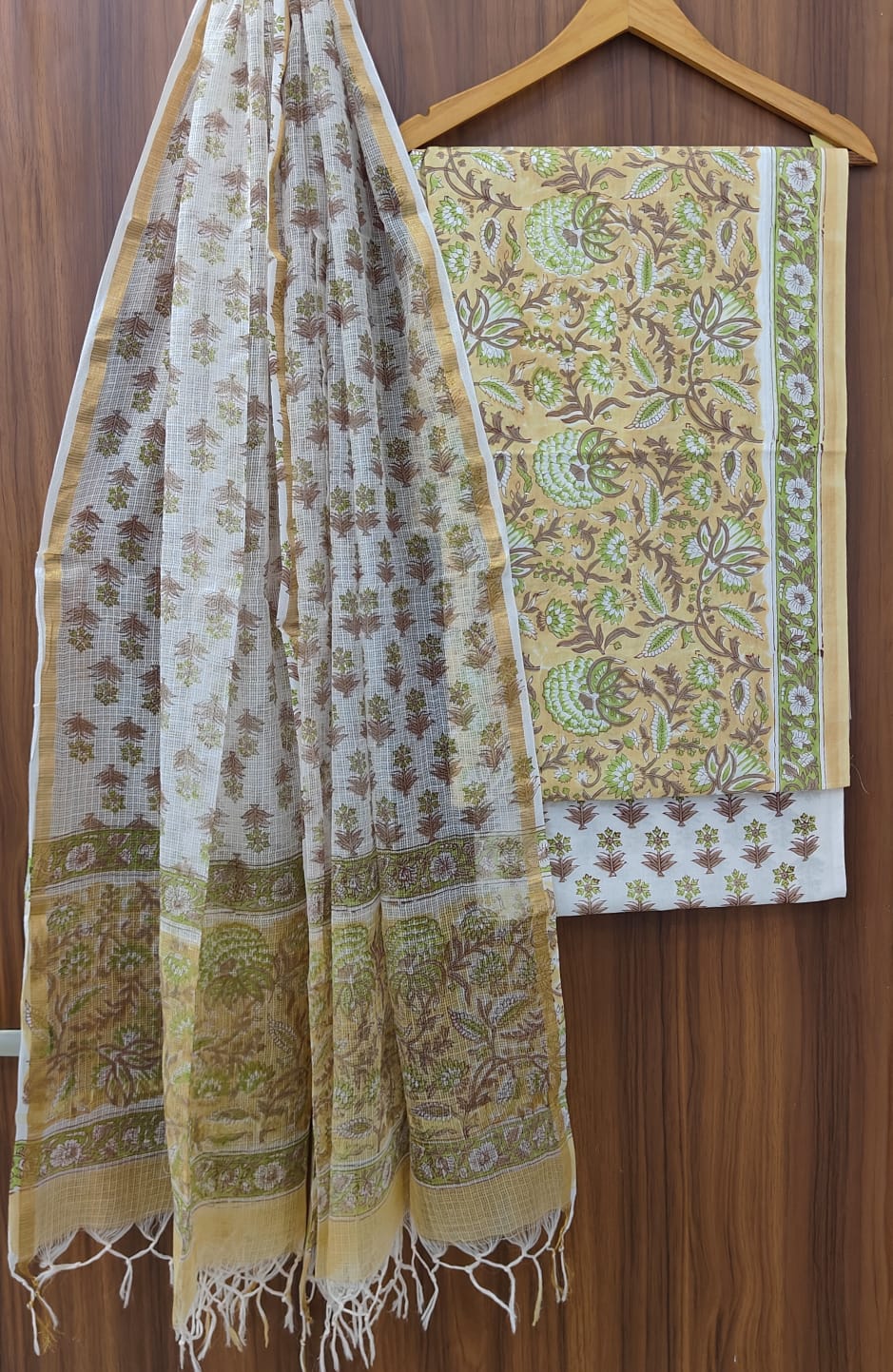 Pure Cotton Hand block print Unstitched Suit with Kota Dupatta