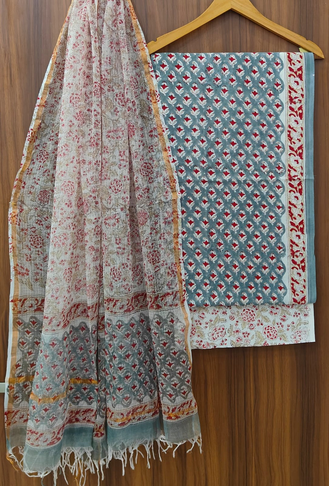 Pure Cotton Hand block print Unstitched Suit with Kota Dupatta