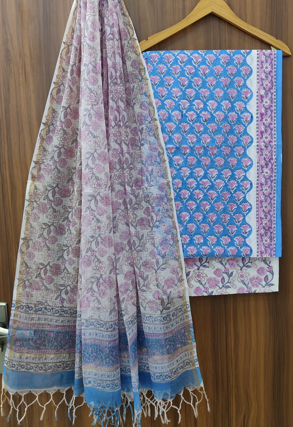 Pure Cotton Hand block print Unstitched Suit with Kota Dupatta