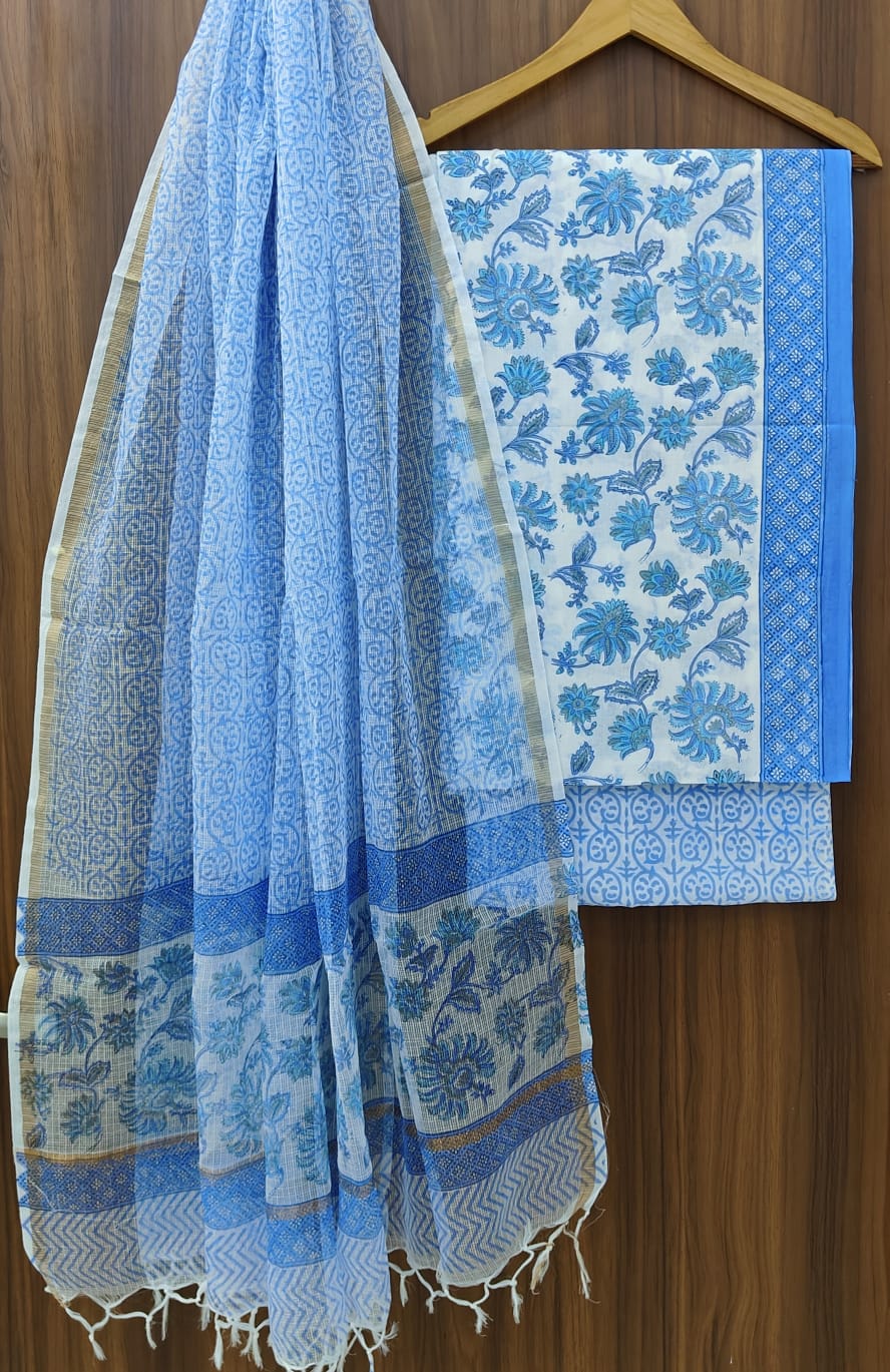 Pure Cotton Hand block print Unstitched Suit with Kota Dupatta