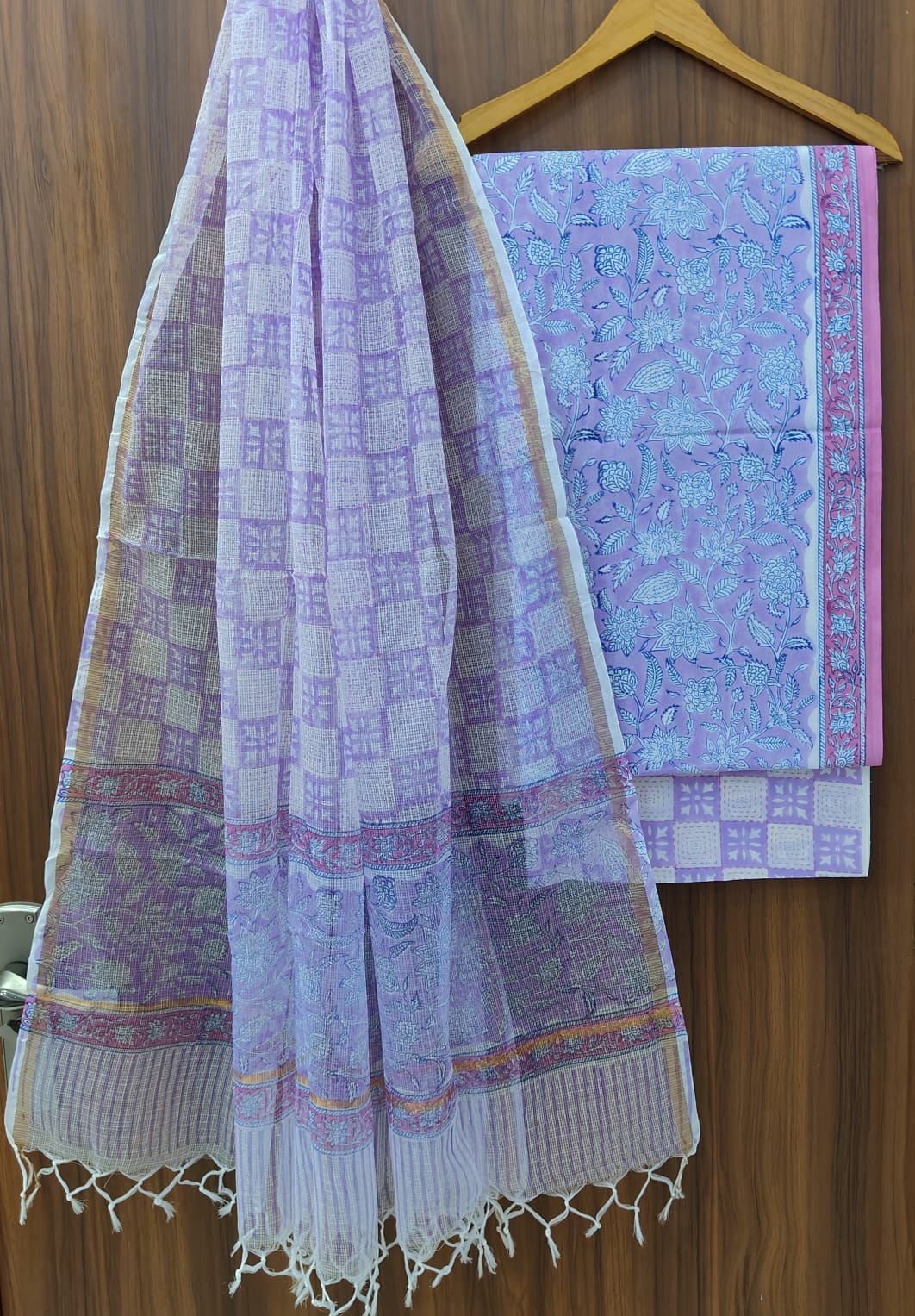 Pure Cotton Hand block print Unstitched Suit with Kota Dupatta