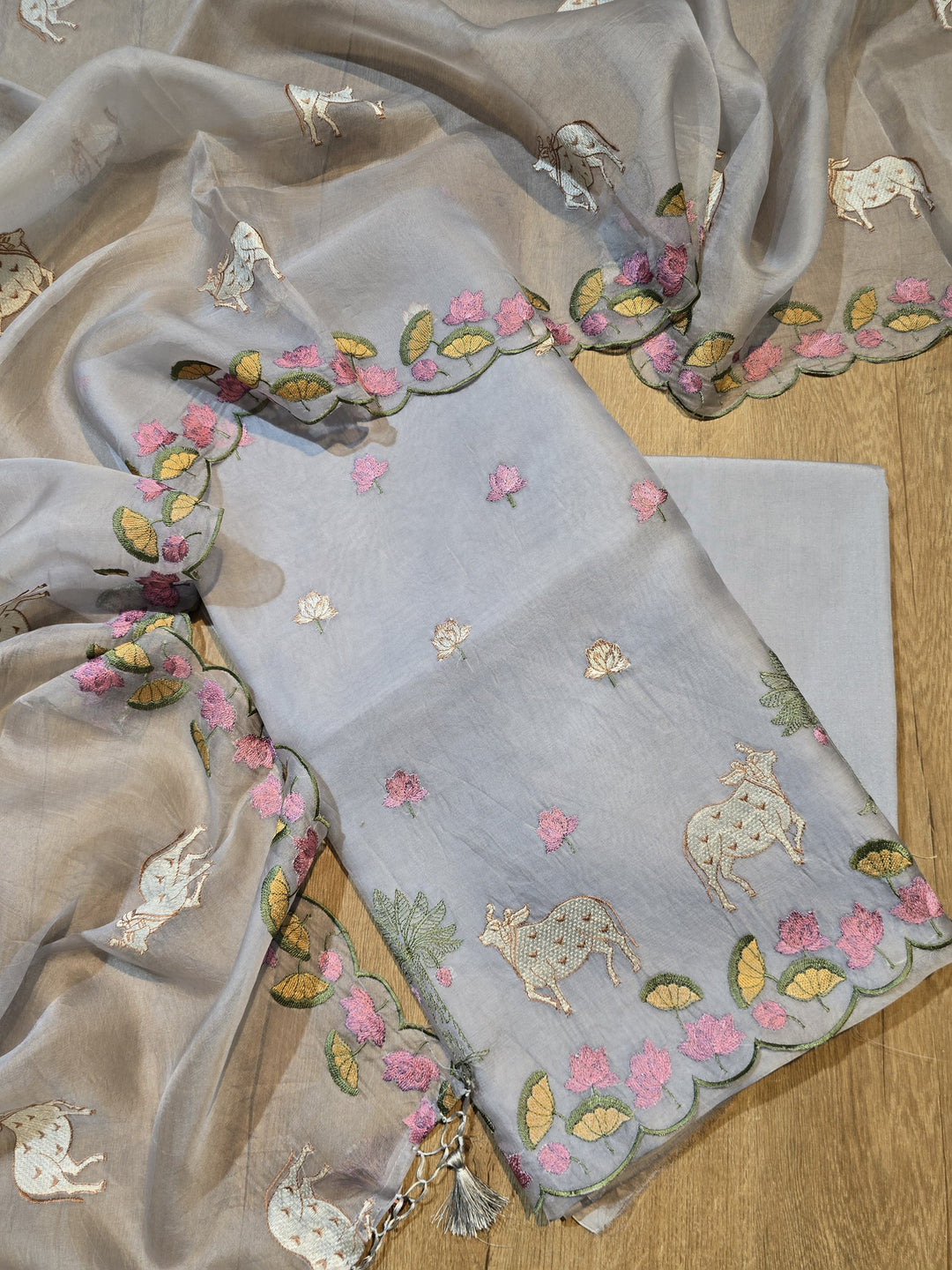 Pure Organza Silk Pichwai Work Unstitched Suit