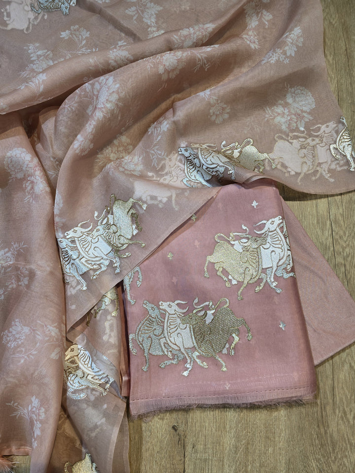 Pure Organza Silk Unstitched Suit With Embroidered Daman