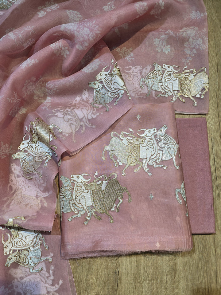 Pure Organza Silk Unstitched Suit With Embroidered Daman