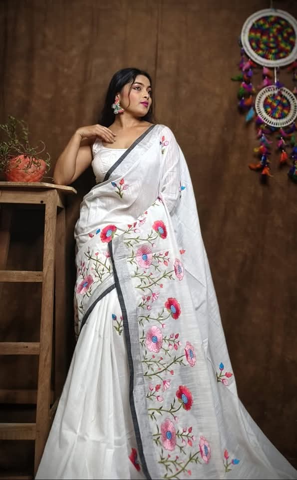 Pure Linen By Linen Saree with Embroidery Work