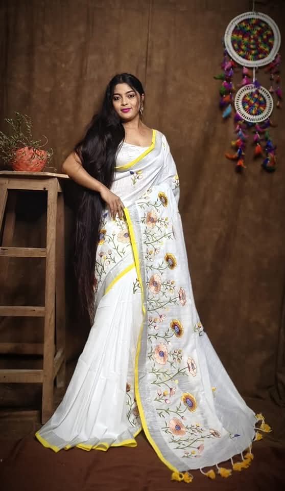 Pure Linen By Linen Saree with Embroidery Work