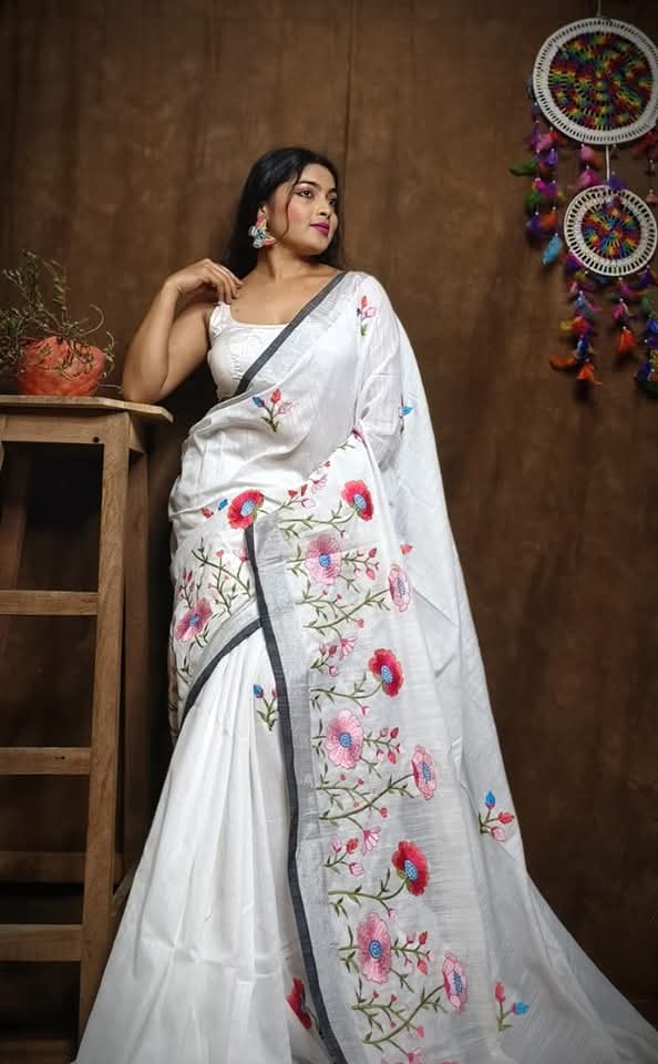 Pure Linen By Linen Saree with Embroidery Work