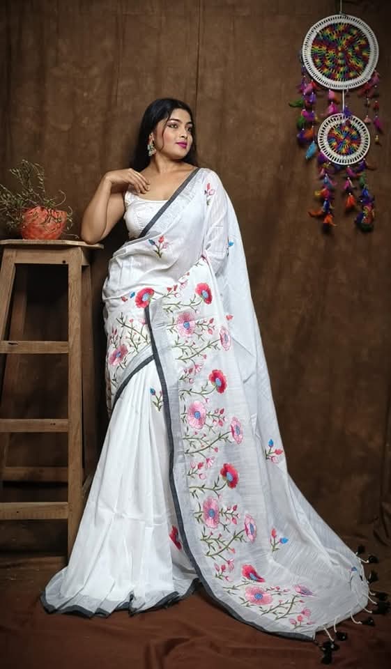 Pure Linen By Linen Saree with Embroidery Work