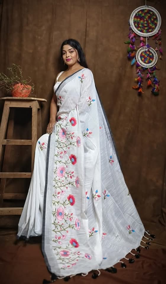 Pure Linen By Linen Saree with Embroidery Work