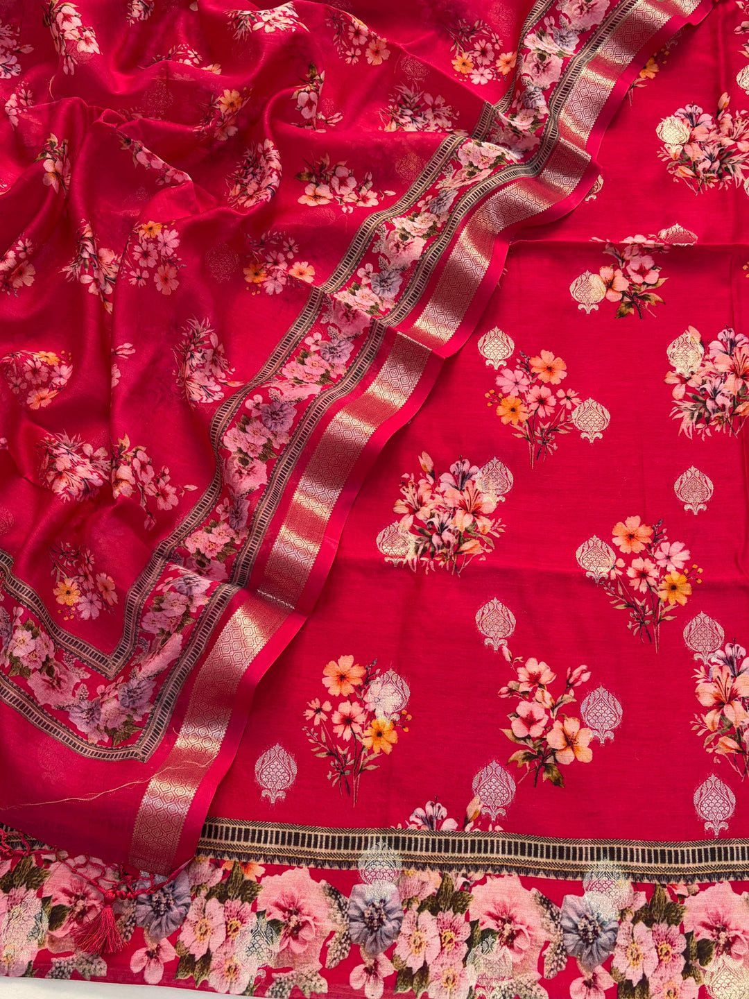 Pure Banarasi Chanderi silk Digtal prnit Zari Work Unstitched Suit.