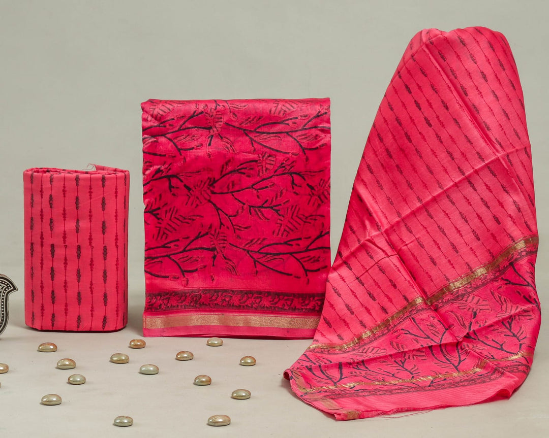 Pure Hand Block Chanderi Silk Unstitched Suit.