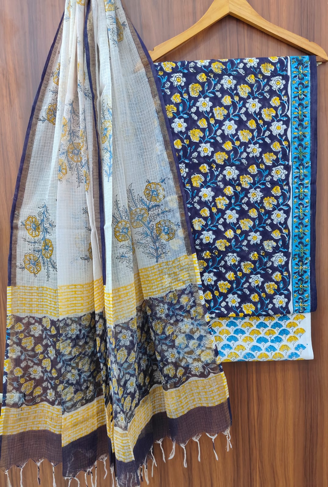 Pure Cotton Hand block print Unstitched Suit with Kota Dupatta.