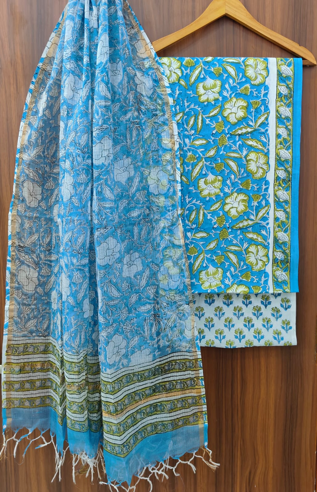 Pure Cotton Hand block print Unstitched Suit with Kota Dupatta .
