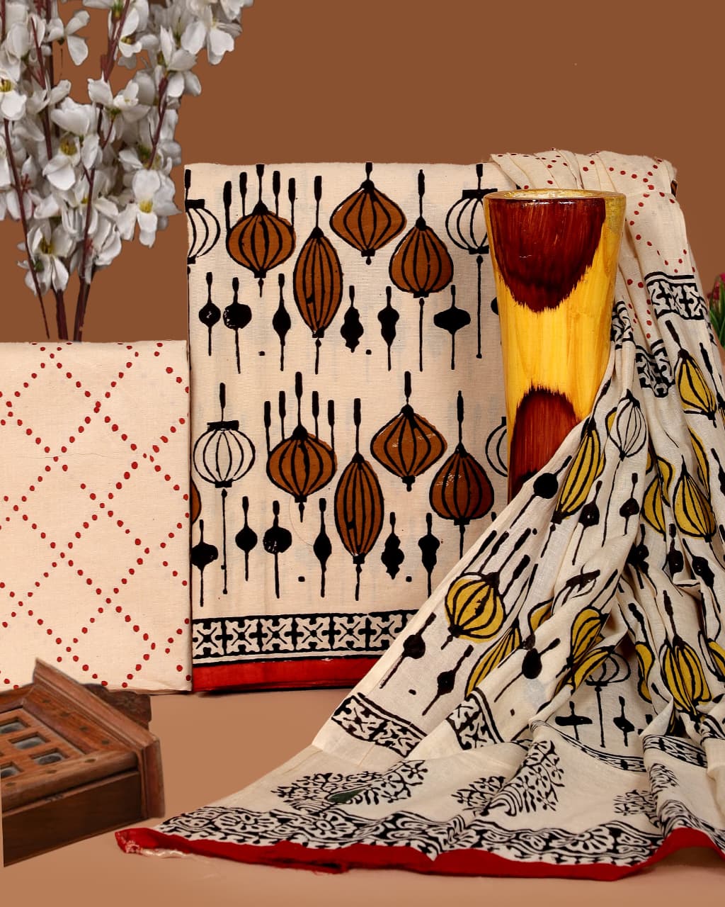 Pure Cotton Hand Block Print Unstitched Suit with Cotton Dupatta.