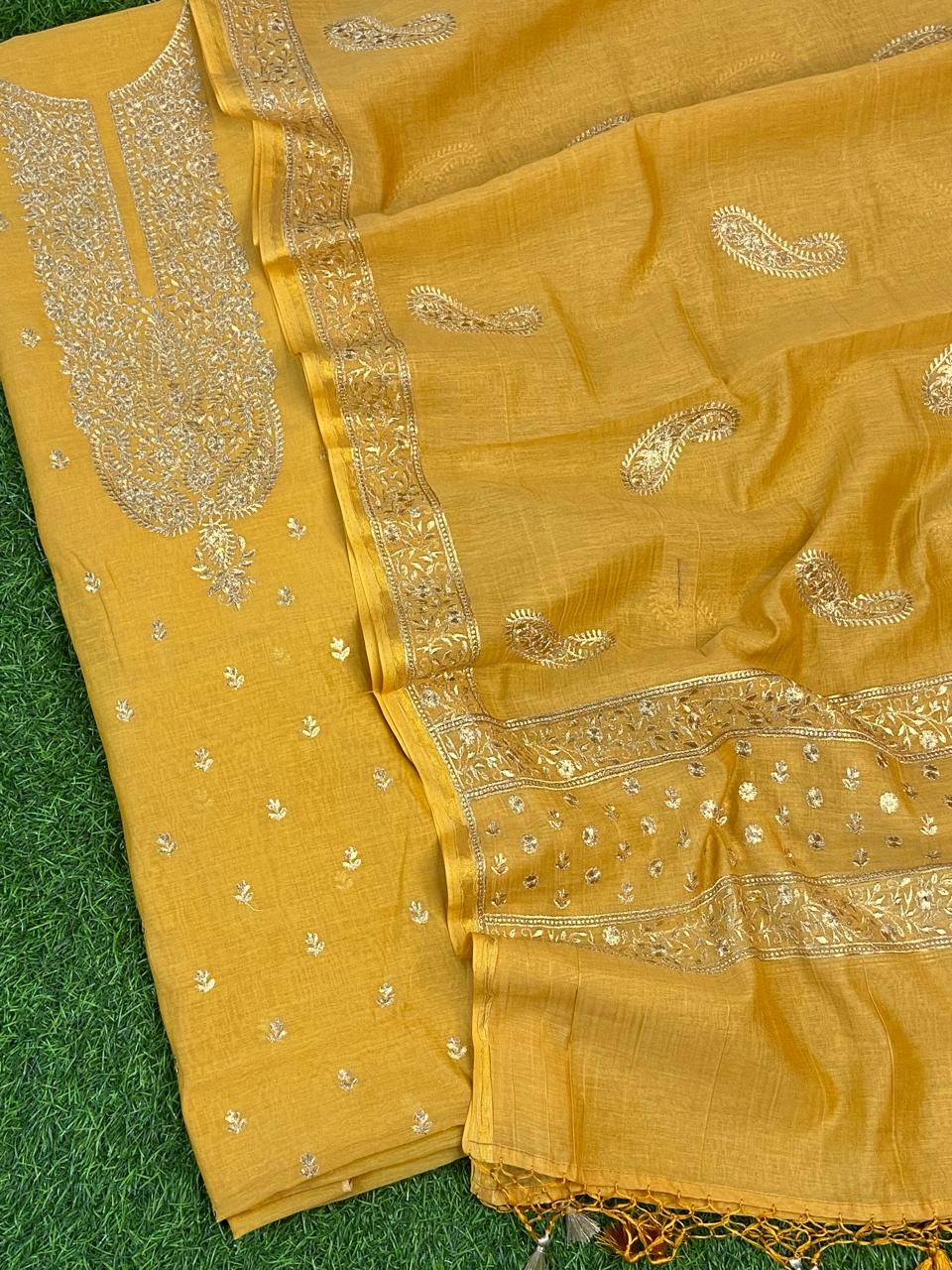 Pure Banarasi Resham Mal Chanderi Silk Zari Unstitched Suit with Beautiful Neck Embroidery.