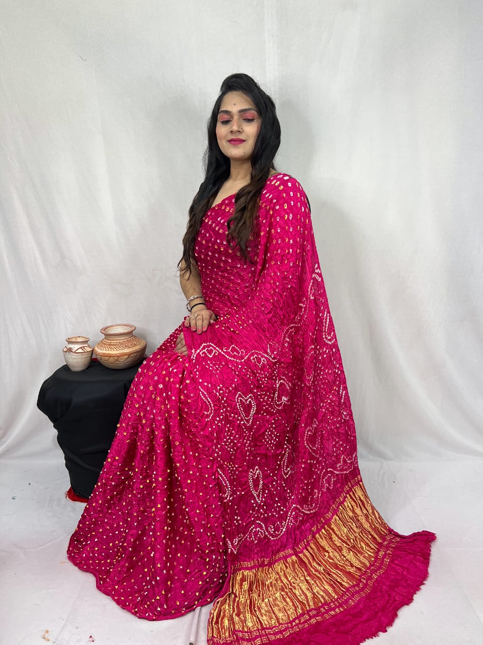 Pure Natural Dyeing Hand Block Bandhej Print Modal silk saree.