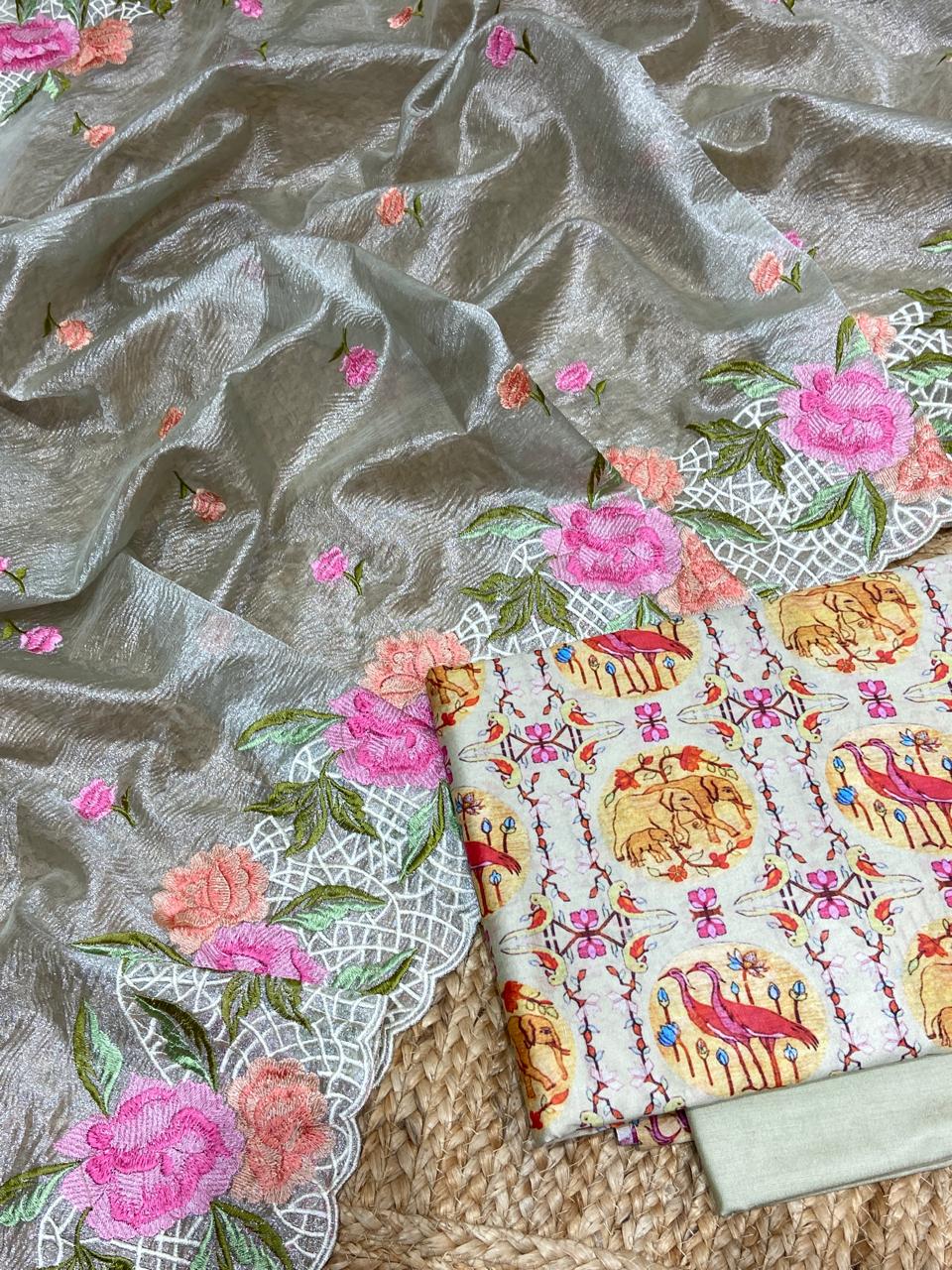 Pure Banarasi Resham Chanderi Silk Digital Print Unstitched Suit With Pure Tisshu Resham Work Dupatta.