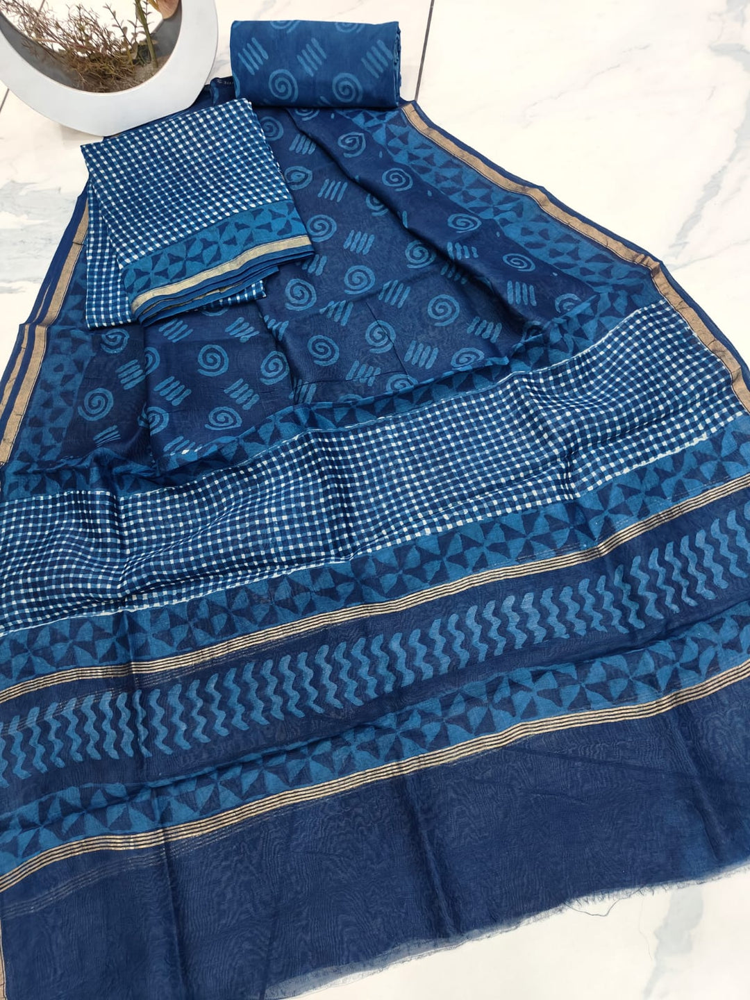 Pure Hand Block Chanderi Silk Unstitched Suit .