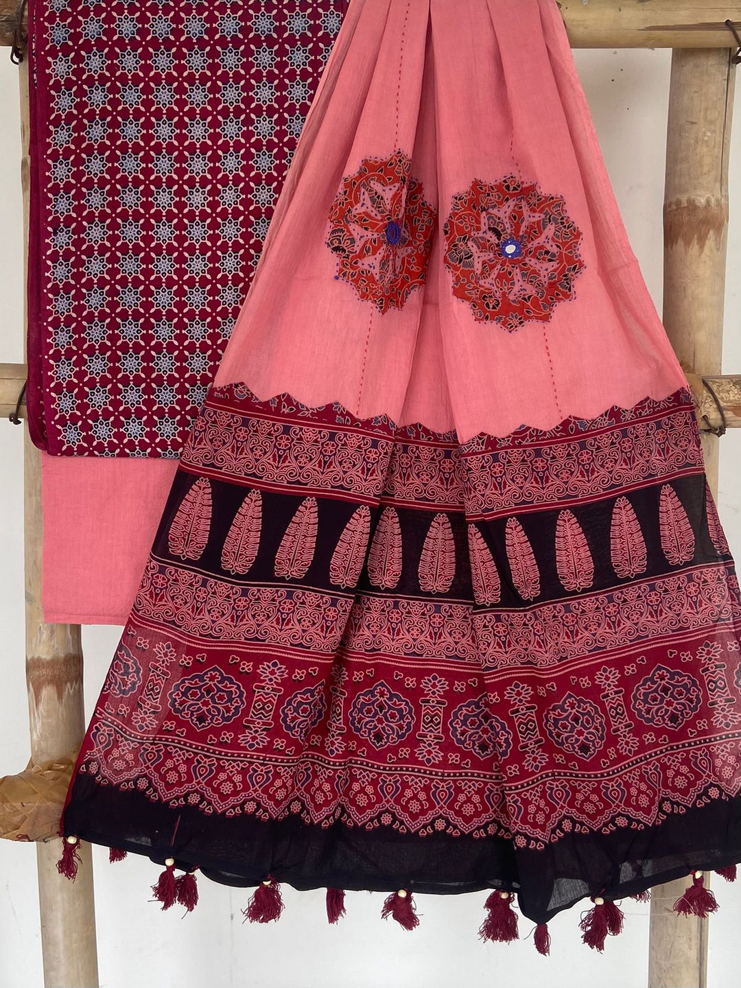 Pure Cotton Azrakh Print Unstitched suit with Patch Work Dupatta