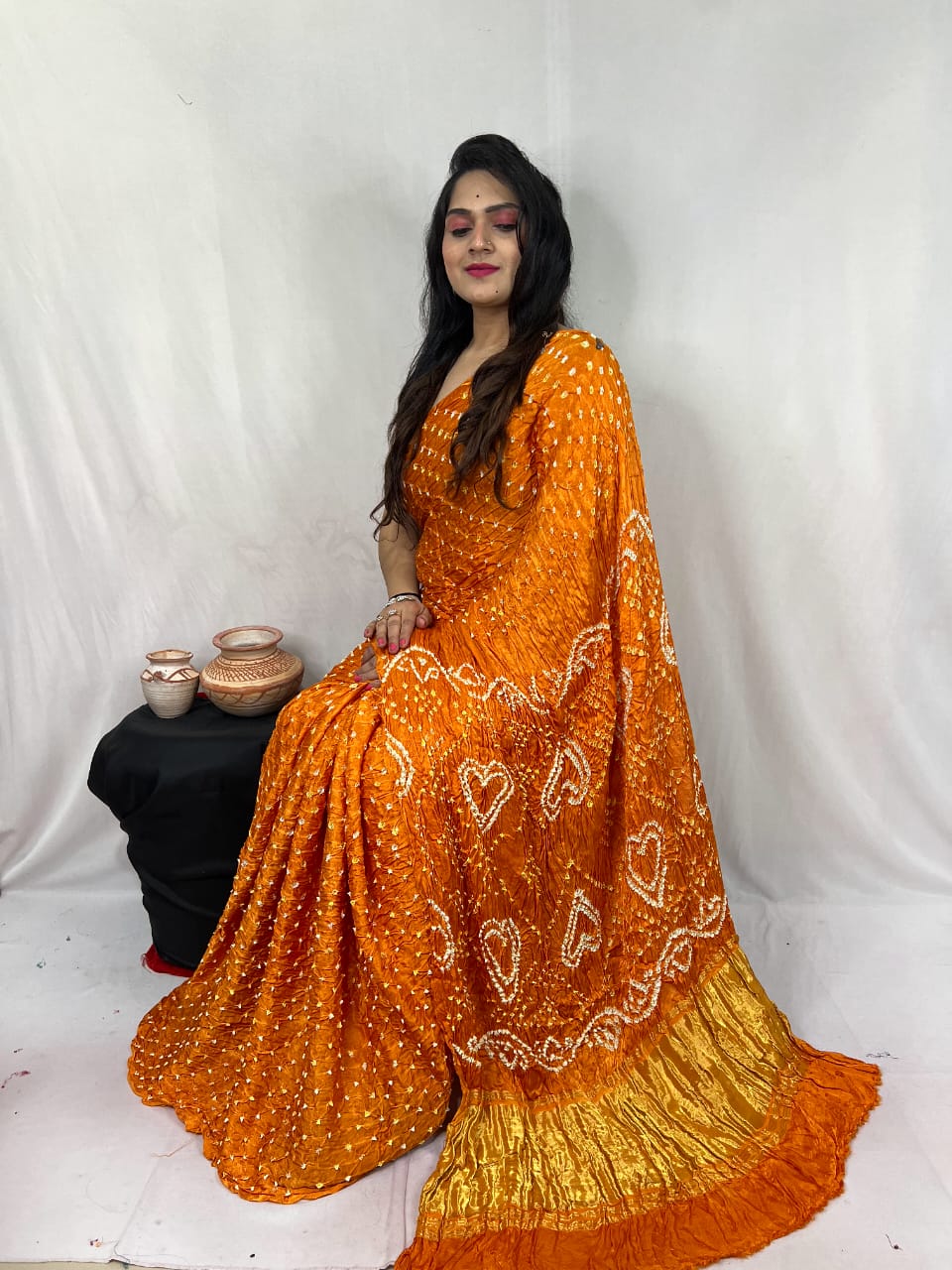 Pure Natural Dyeing Hand Block Bandhej Print Modal silk saree.