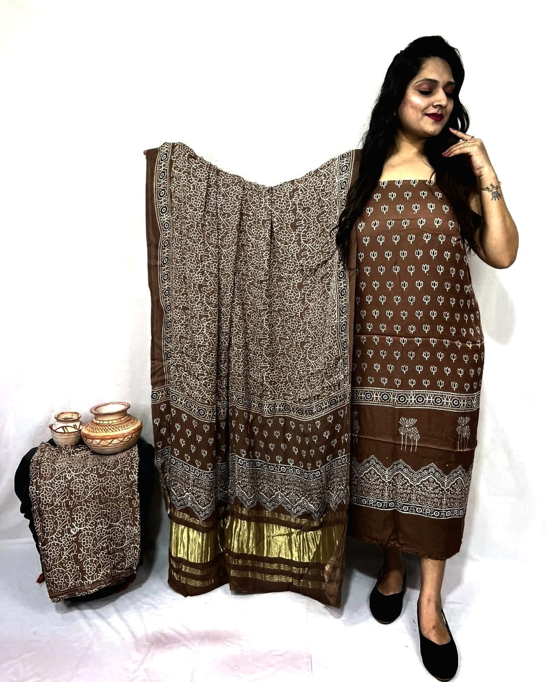 Pure Modal Silk Ajrakh Hend Block Zari Pallu Weaved 3pc Unstitched Suit .