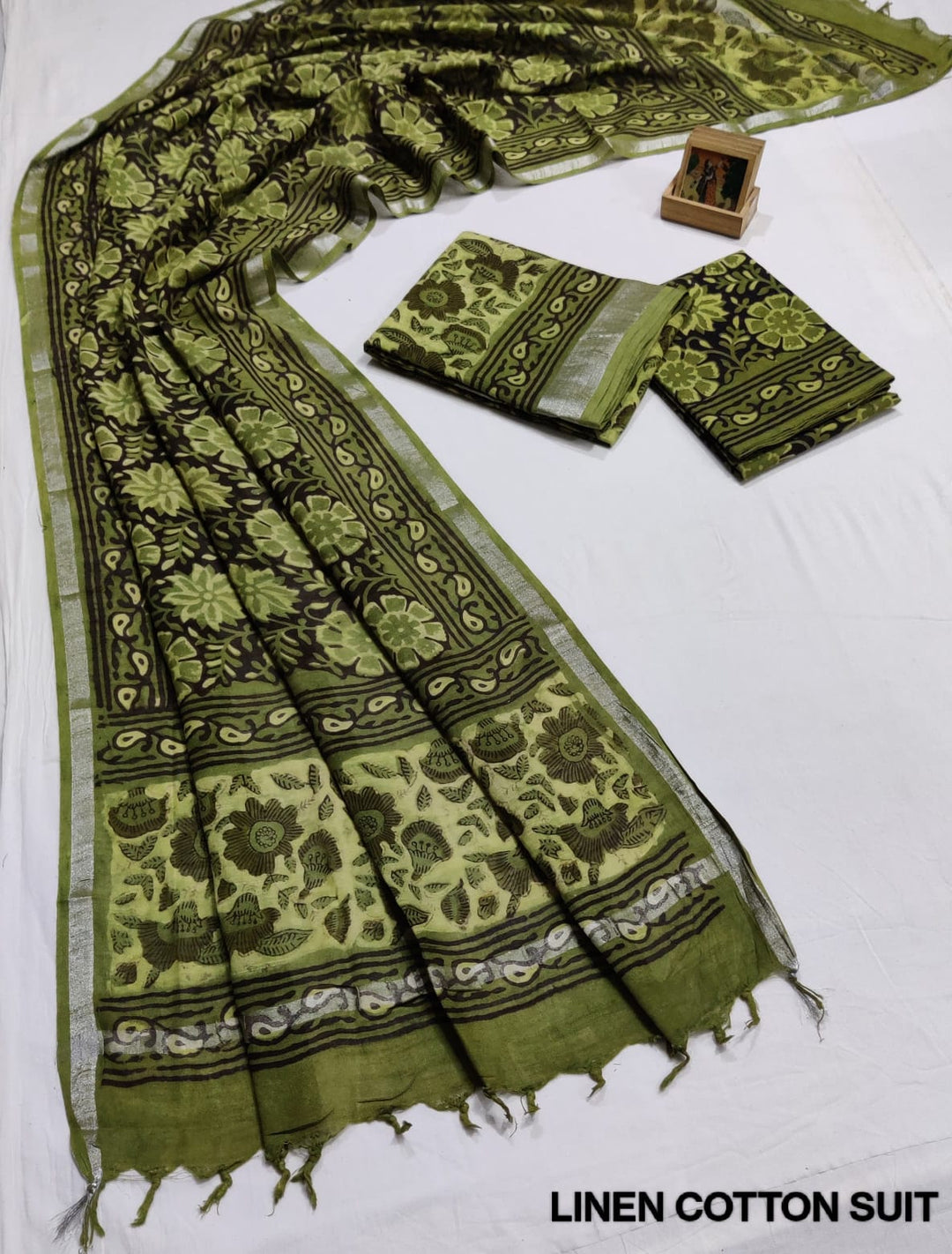 Hand Block Printed Linen Unstitched Suit .