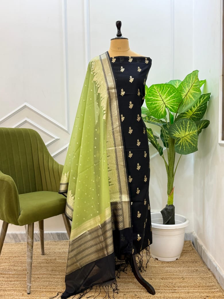 Banarasi Chanderi Lorex Zari Work Unstitched Suit.|TEMPLE BORDER |