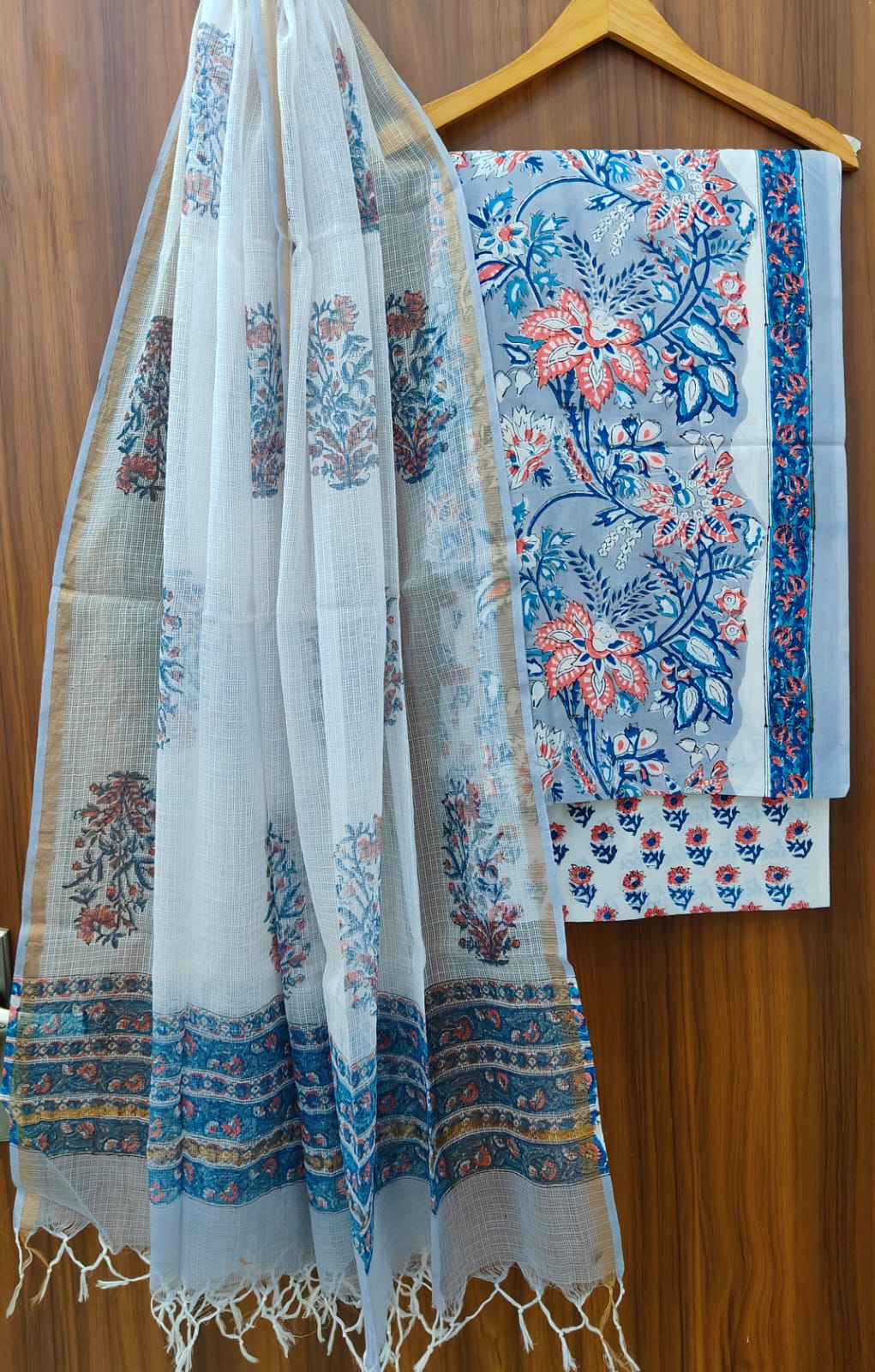 Pure Cotton Hand block print Unstitched Suit with Kota Dupatta.