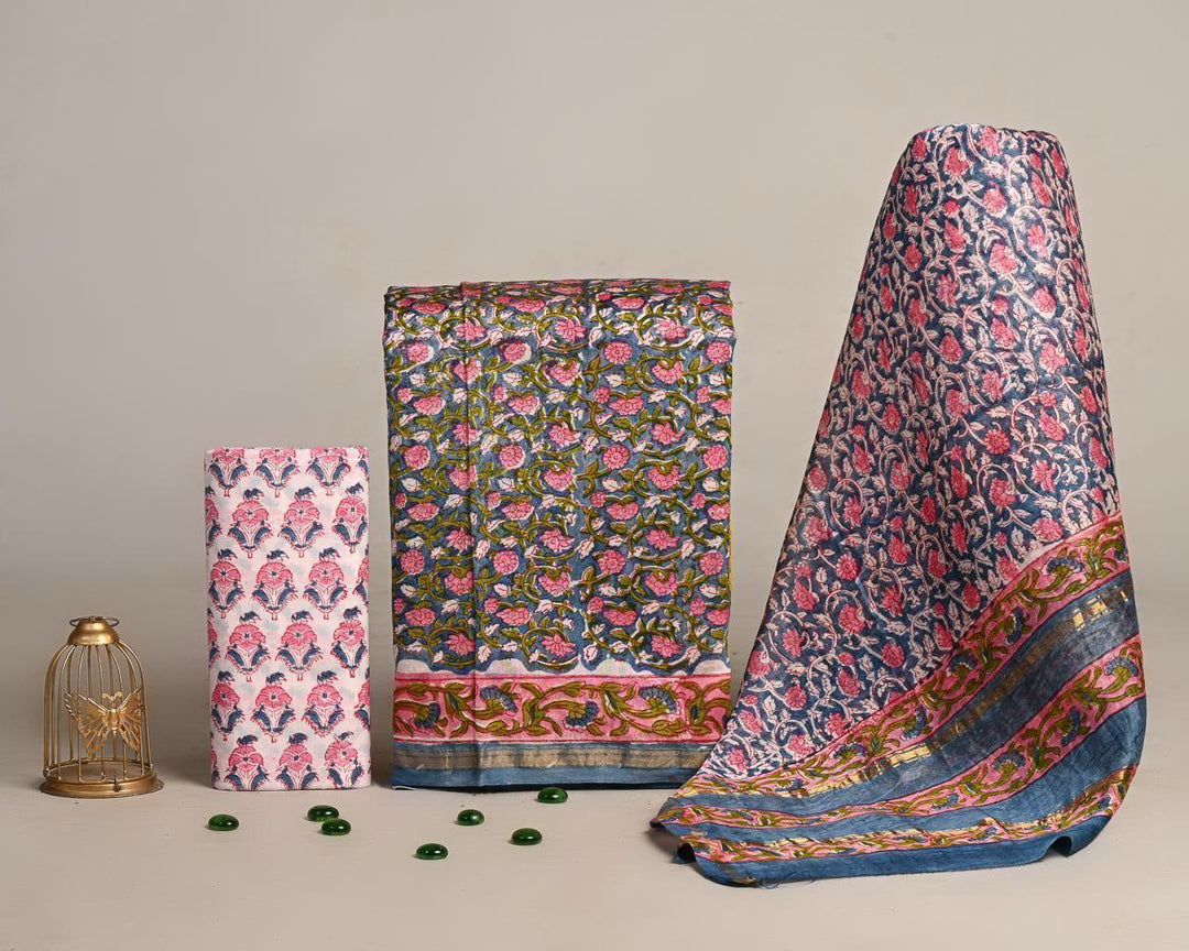 Pure Hand Block Chanderi Silk Unstitched Suit.