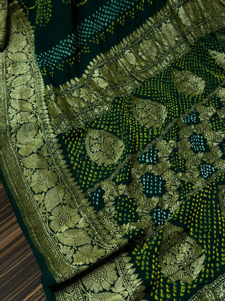 Pure Khaddi Georgette Handloom Kadhwa Zari Work saree With Raiy Bandhej AllOver.