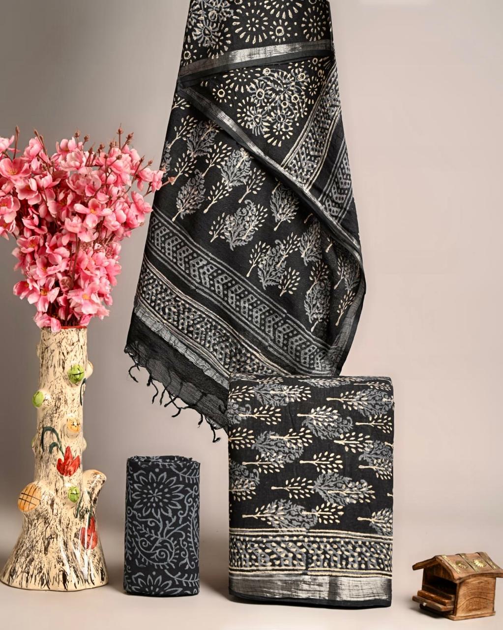 Hand Block Printed Linen Unstitched Suit .