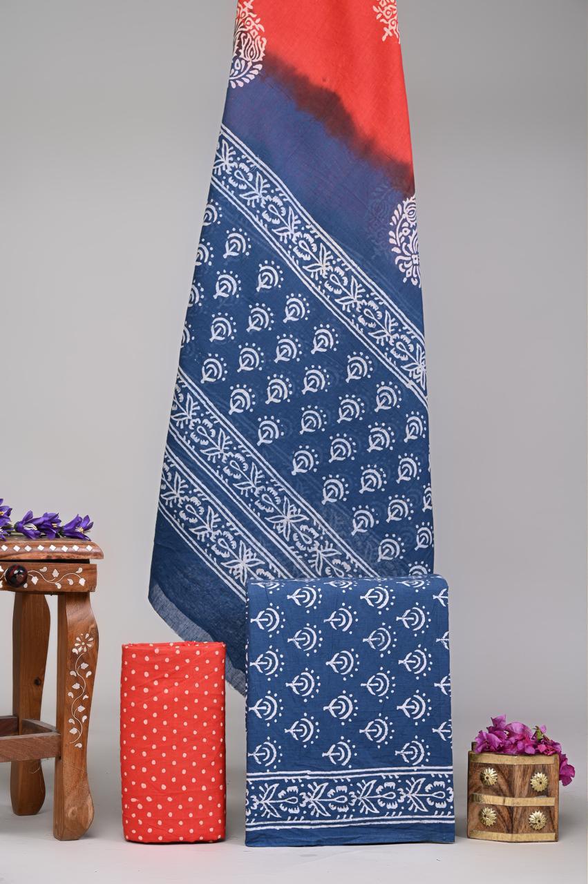 Pure Cotton Hand Block Printed Unstitched Suit Set With Cotton dupatta.
