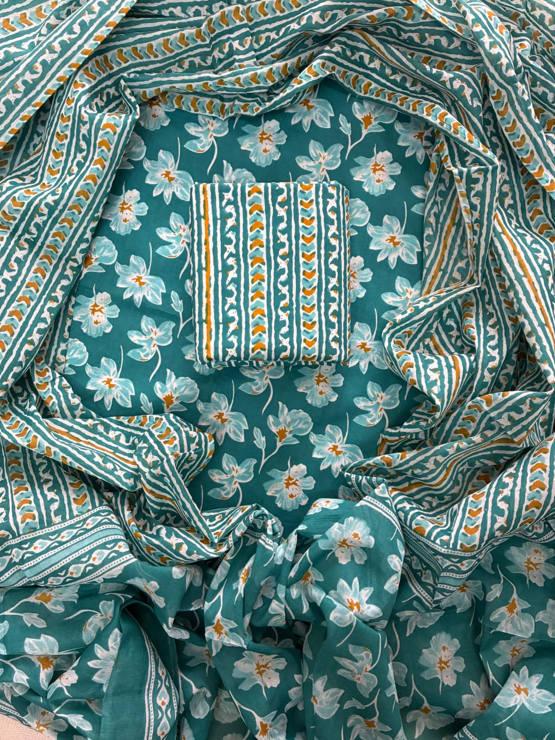 Pure Cotton Hand Block Print Unstitched Suit with Cotton Dupatta.