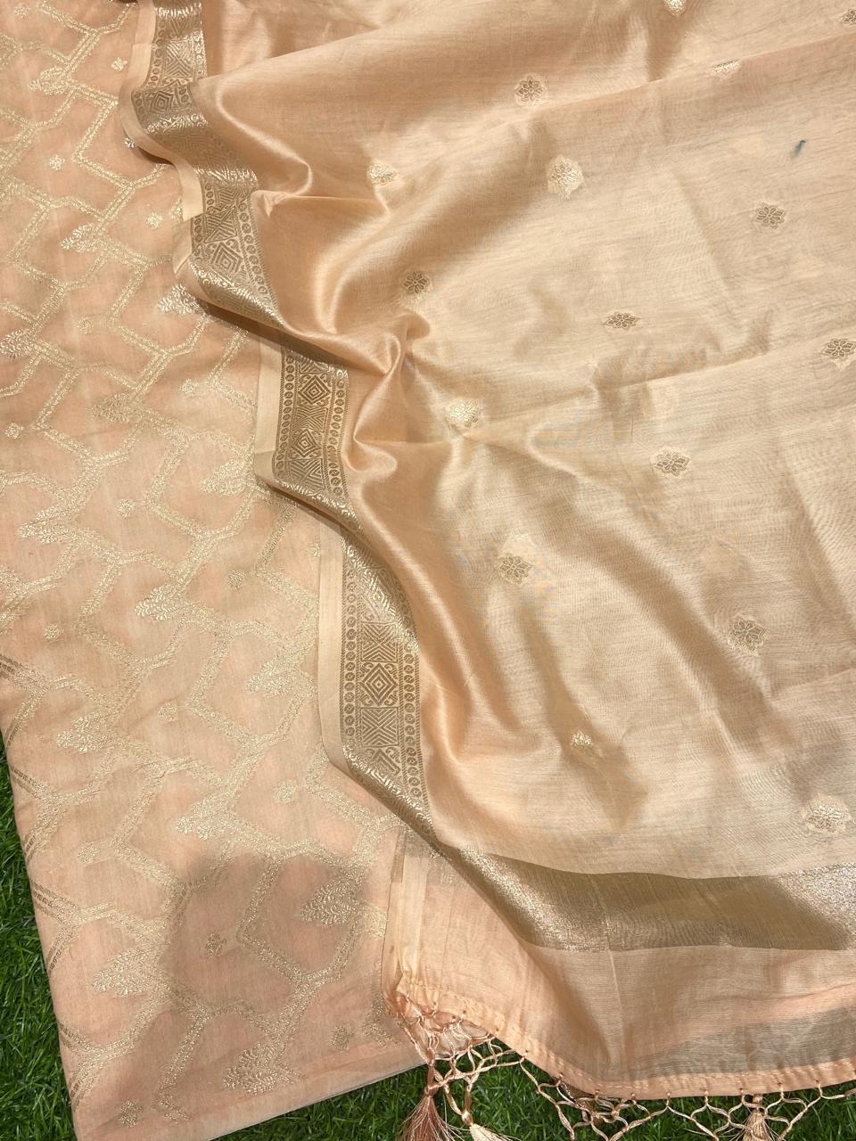 Pure Banarasi Resham Chanderi Silk Zari work Unstitched Suit .