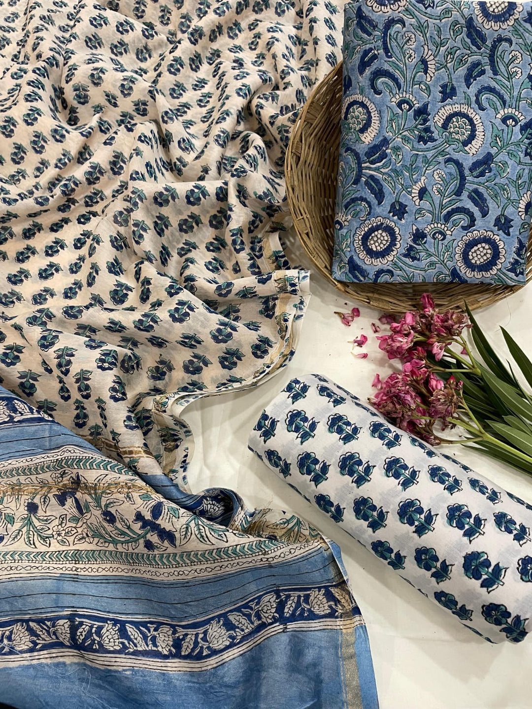 Pure Hand Block Chanderi Silk Unstitched Suit.