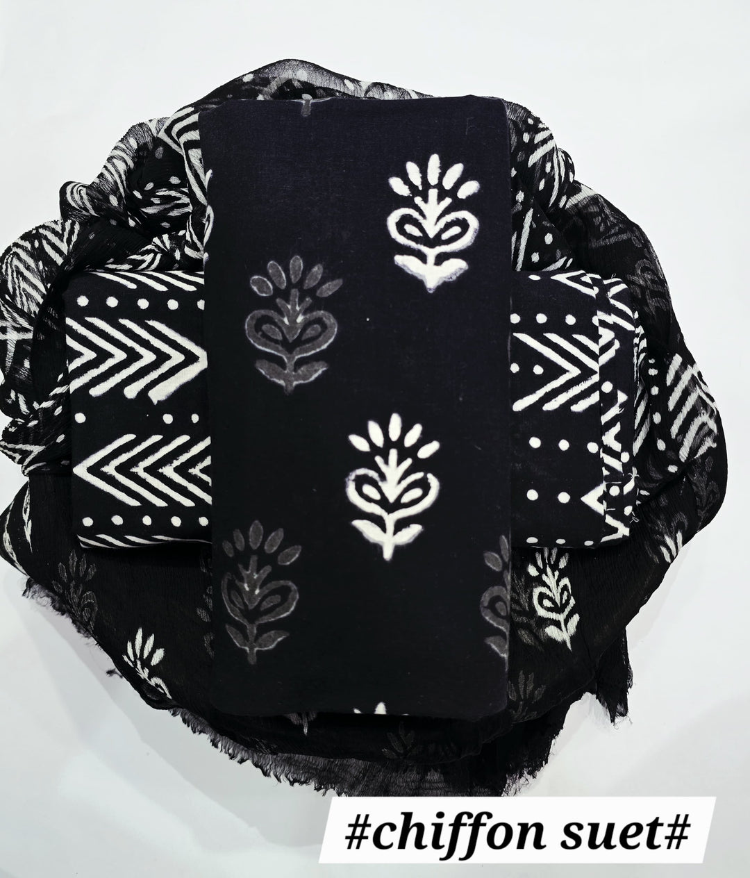 Pure Cotton Hand Block Print Unstitched Suit with chiffon dupatta