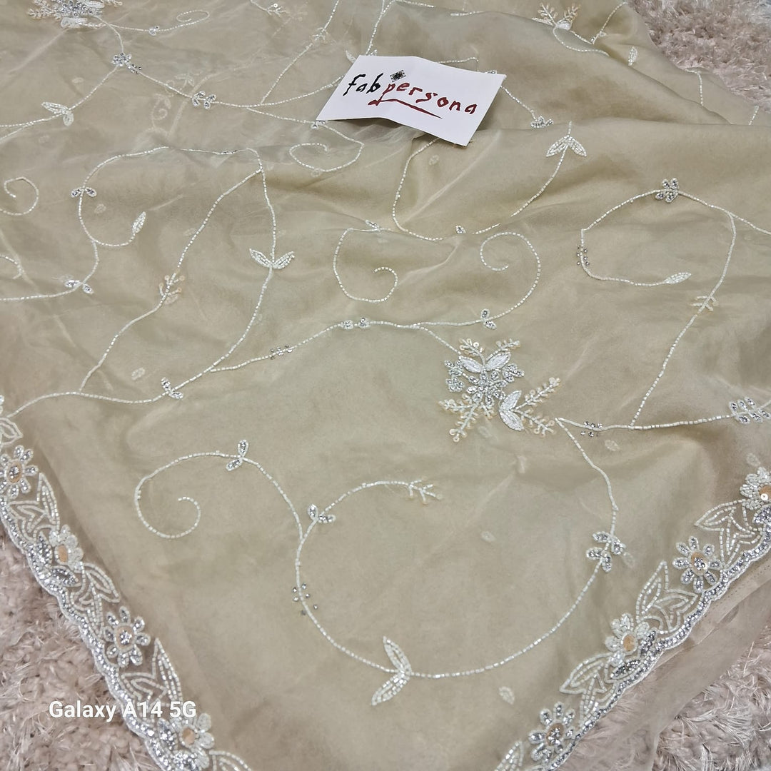 Pure Organza Silk Hand Full Zall  Work Saree With Running Blouse.