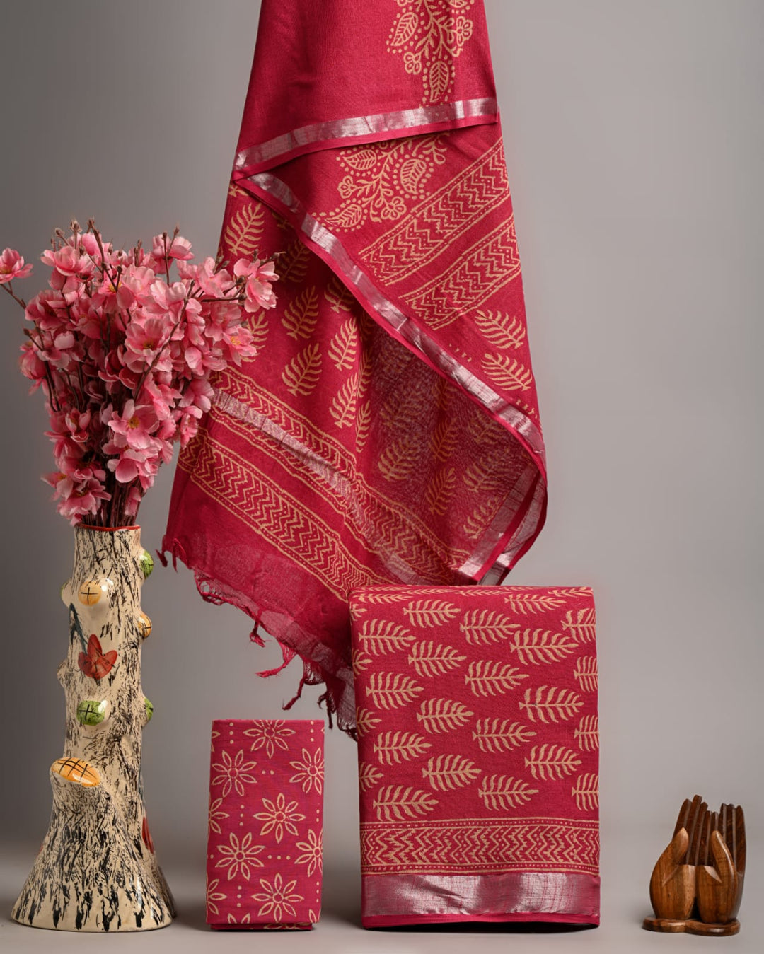Hand Block Printed Linen Unstitched Suit .
