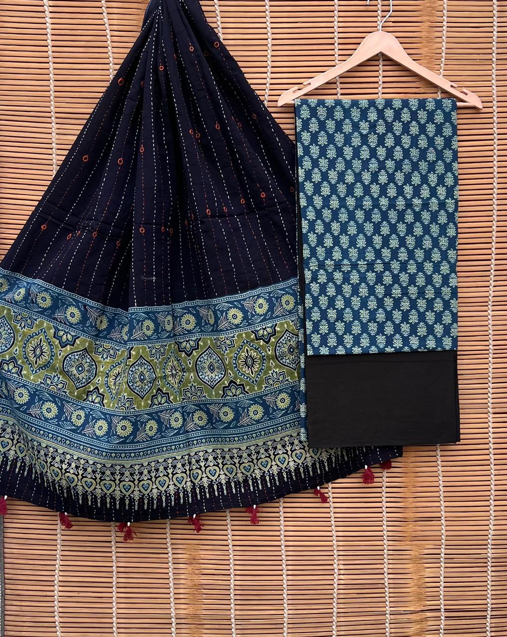 Pure Cotton Azrakh Print Unstitched suit Whit Kantha Work Dupatta.